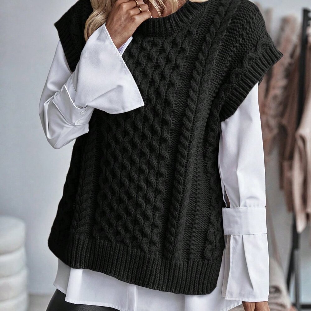 Black Casual Women's Cable Knitted Sleeveless Sweater Vest - Picture 5 of 6